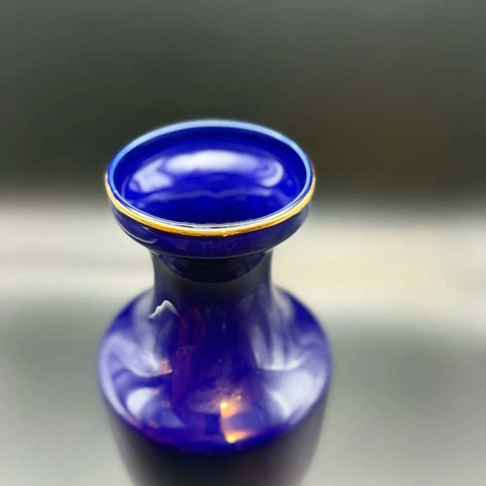 Vintage Cobalt Blue Asian Satsuma Style Vase Pheasants Gold Accents 10” Tall